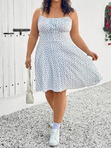 SHEIN CURVE+ Women's Plus Size Knitted Floral Printed Summer Dress With Spaghetti Straps - Blue and White - View 7