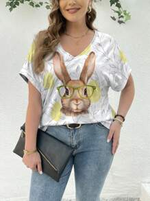 SHEIN LUNE Kích thước lớn Của phụ nữ Giải trí Thỏ in Lỏng lẻo phù hợp Ngắn tay Áo thun , Thích hợp Cho mùa hè - trắng - Xem 3