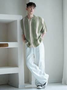 DAZY Men's Contrast Stripe Front Button Short Sleeve Knit Top, Summer Vacation - Army Green - View 4