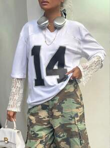 Women's V-Neck Numeric Print Casual Blouse, Versatile For Everyday Wear Fall Cloth For Women