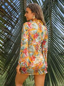 SHEIN Swim 3pcs/Set Women New Printed Triangle Halter Bikini + Sexy Deep V-Neck Sheer Long Sleeve Cover Up, Summer Beach Vacation Bikini Set Set - Multicolor - View 3