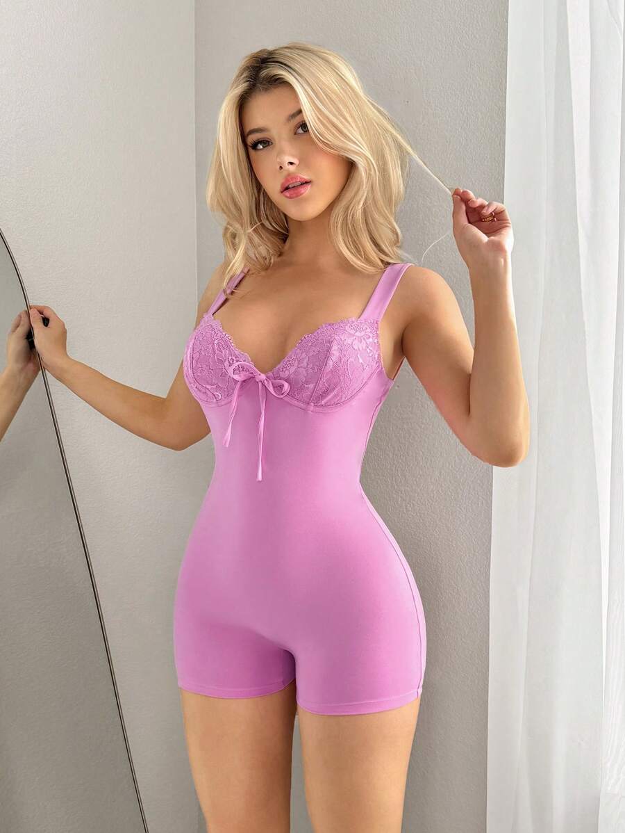 Sweetina Form-Fitting Pink Lace Spliced Underwire, Open Back, Bodycon Jumpsuit - Pink - View 1