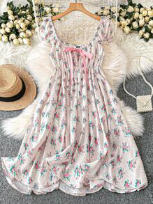 Flirla Vestido con diseño floral menudo, moño decorativo para mujer de talla grande - Blanco - Ver 1