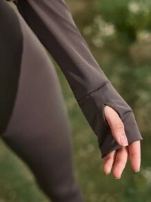 Women's Solid Color Zipper Partial Collar Neck Long Sleeve Sports Jumpsuit - Brown - View 4