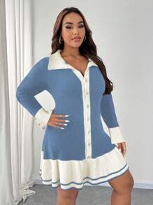 SHEIN Unity Vestido de punto de talla grande para mujer con contraste de color, dobladillo con volantes y decoración de botones, elegante vestido largo para otoño/invierno - Celeste - Ver 6