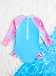 Baby Girl Cute Mermaid Scale Print Ruffled One-Piece Swimsuit,Summer Vacation Beachwear For Baby Girl