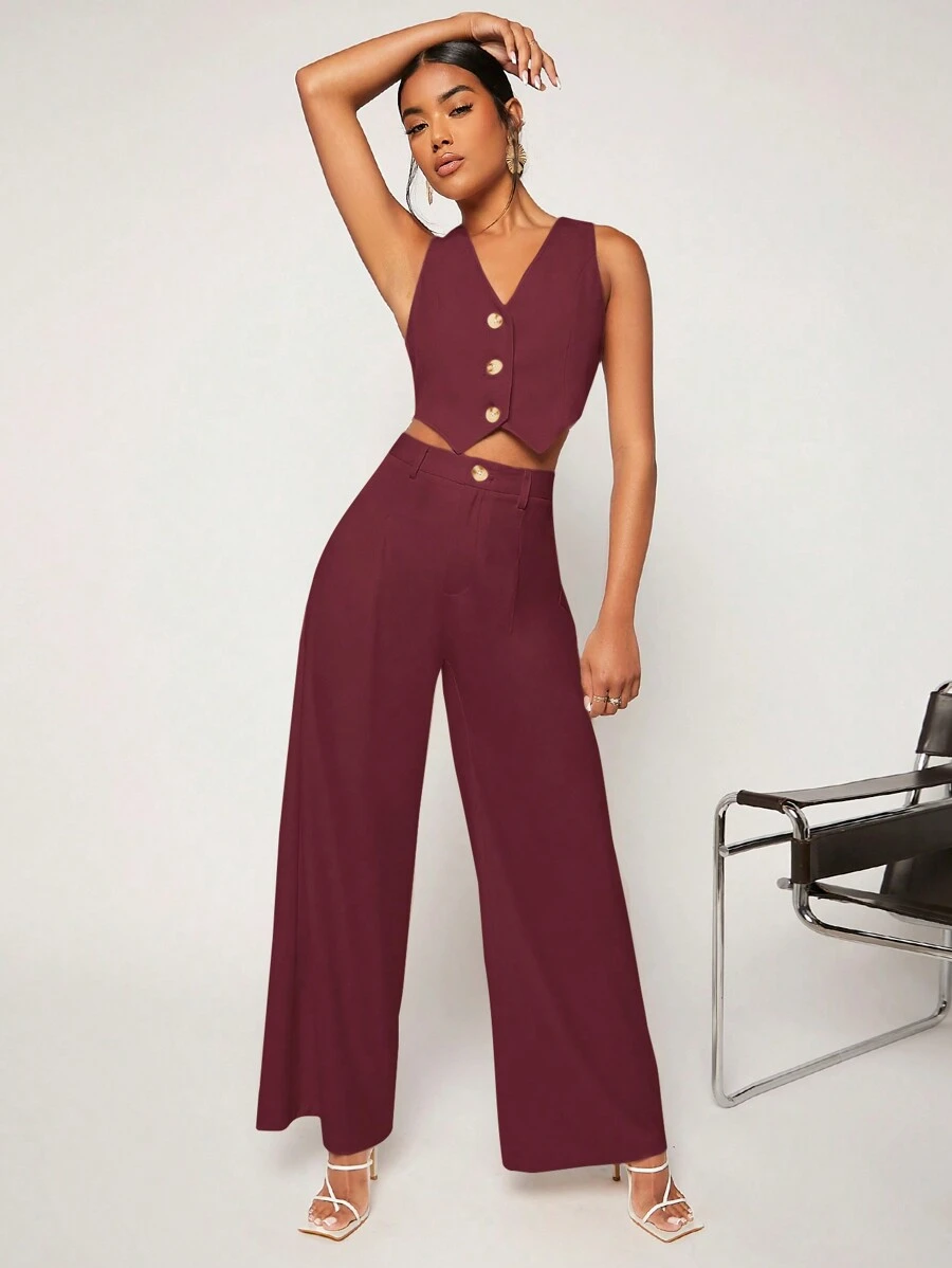 BizChic 2pcs Women Khaki Asymmetric Hem Vest Jacket & Wide Leg Work Pants Set