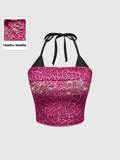 J-Fashion توب هلتر للنساء بنقشة فهد وشعار مرصع بالراين على طراز فوشيا "بنت شيبويا ساخنة"