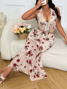 SHEIN Clasi Bộ trang phục 2 món thời trang mới mẻ họa tiết hoa cho kỳ nghỉ cỡ lớn dành cho nữ - Áo crop top dây mảnh lưới gợi cảm và chân váy maxi đuôi cá cạp cao - Nhiều màu - Xem 5