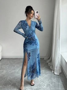 Elenzga Women Vacation Chic Elegant Fashion Charming Flare Sleeve V-Neck Tie Waist Side Slit Fitted Floral Print Dress (Random Print)