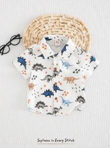 Cozy Pixies Áo sơ mi tay ngắn họa tiết khủng long hoạt hình cho bé trai, giản dị & đa năng - Màu xanh lam - Xem 3