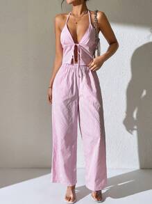 SHEIN PETITE 2pcs/Set Striped Halter Neck Camisole And Wide Leg Pocket Pants