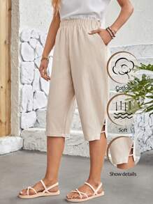 EMERY ROSE Pantalones capri bajo con abertura - Beis - Ver 1