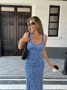 Pariaura Vestido ajustado para damas de estilo francés casual con cuello en forma de corazón y estampado sin mangas
