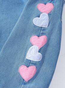 SHEIN 女婴时尚牛仔直筒裤，带心形刺绣缝线 - 淺色水洗藍 - 查看 6