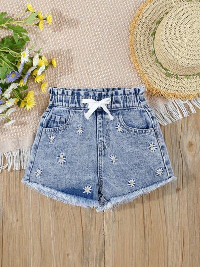 SHEIN Vintaside Kids 年轻女孩新款时尚花卉刺绣荷叶边腰牛仔短裤