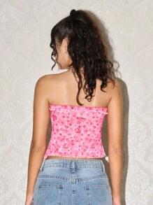 SHEIN EZwear Women's Heart Pattern Pink Bandeau Top Valentine's Day Ribbon - Pink - View 3
