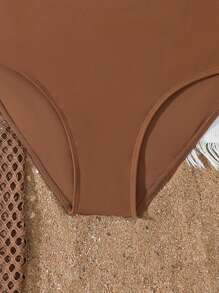 3pcs/Set Teen Girl Shell Brown Bikini Set With Cover Up Pants, Summer Beach Outfit - Coffee Brown - View 4