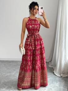 Breezaya 女式锡箔几何印花长款挂脖连衣裙