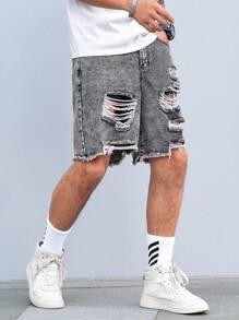 Manfinity LEGND 大码男式洗水破洞牛仔短裤 - 灰色 - 查看 5