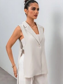 Chiquease Side Slit Tie-Up Mid-Length Sleeveless Vest - Apricot - View 1