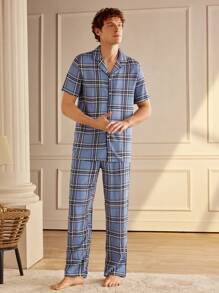 EverLounge Men's Front Button Short Sleeve Plaid Simple Top & Long Pants Pajama Set - Blue - View 5