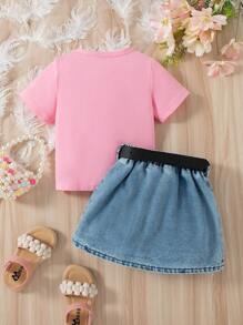 Ensemble de 2 pièces, T-shirt rose et jupe en jean bleu clair avec décoration de nœud en dentelle, élégant et doux, pour bébé fille, tenue d'été - Rose bonbon - Voir 2