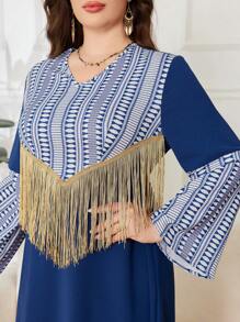 Lacomfia 大码女式优雅 V 领数码印花流苏宽松连衣裙，阿拉伯风格