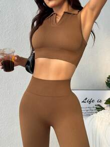 Easithlete Women's Solid Color Sleeveless Casual Top And Pants Sports Suit, Seamless Workout Women Set - Brown - View 9