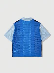 ROMWE MEN Casual 男士短袖字母条纹印花针织 Polo 衫、度假装 - 藍色 - 查看 2