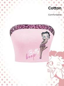 Betty Boop | ROMWE Cartoon Character & Leopard Print Slim Fit Cropped Tube Top, Summer - Pink - View 7