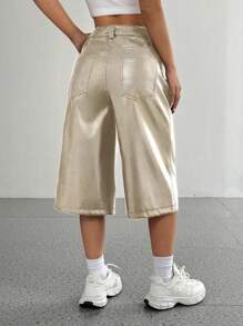 SHEIN Unity Women's PU Leather Casual Straight Leg Capri Pants - Beige - View 2