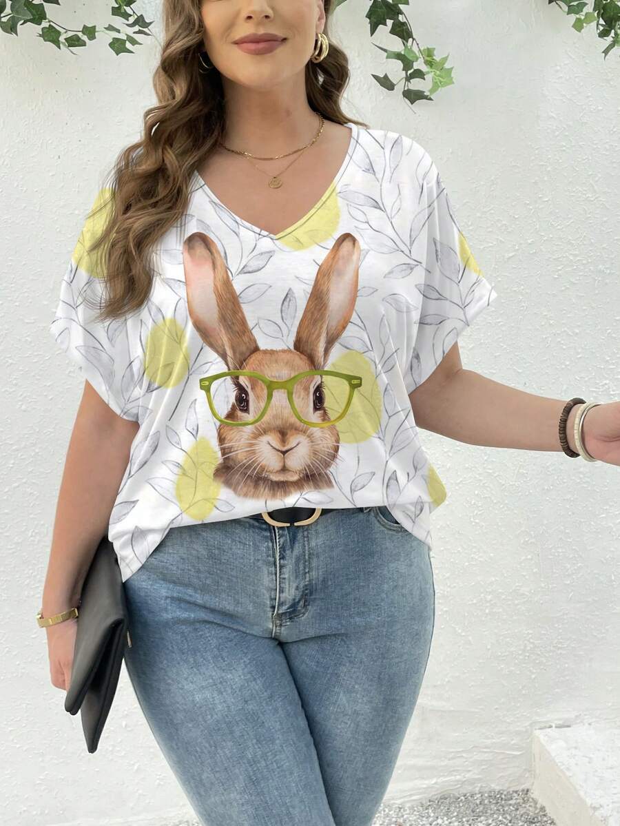 SHEIN LUNE Kích thước lớn Của phụ nữ Giải trí Thỏ in Lỏng lẻo phù hợp Ngắn tay Áo thun , Thích hợp Cho mùa hè - trắng - Xem 1