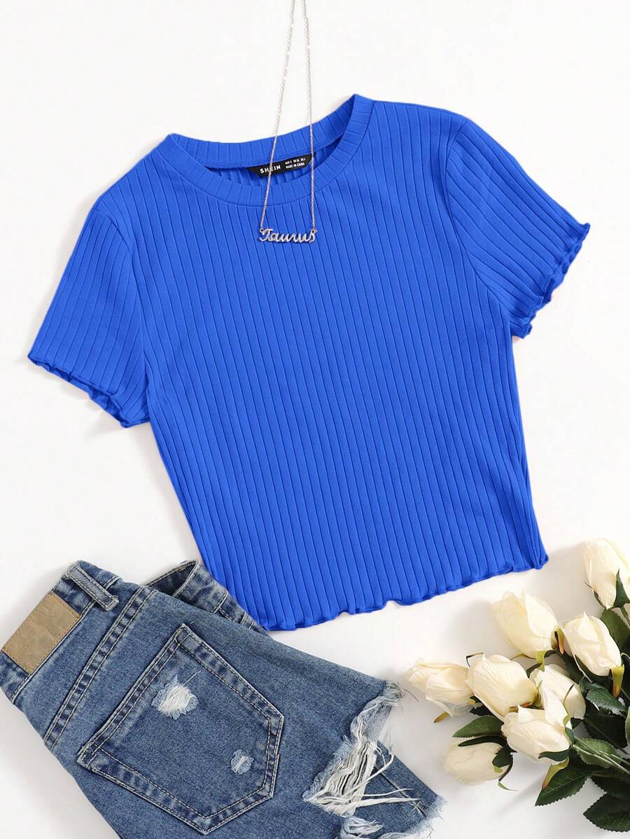 SHEIN EZwear 素色小褶邊羅紋針織T恤 - 寶藍色 - 查看 1