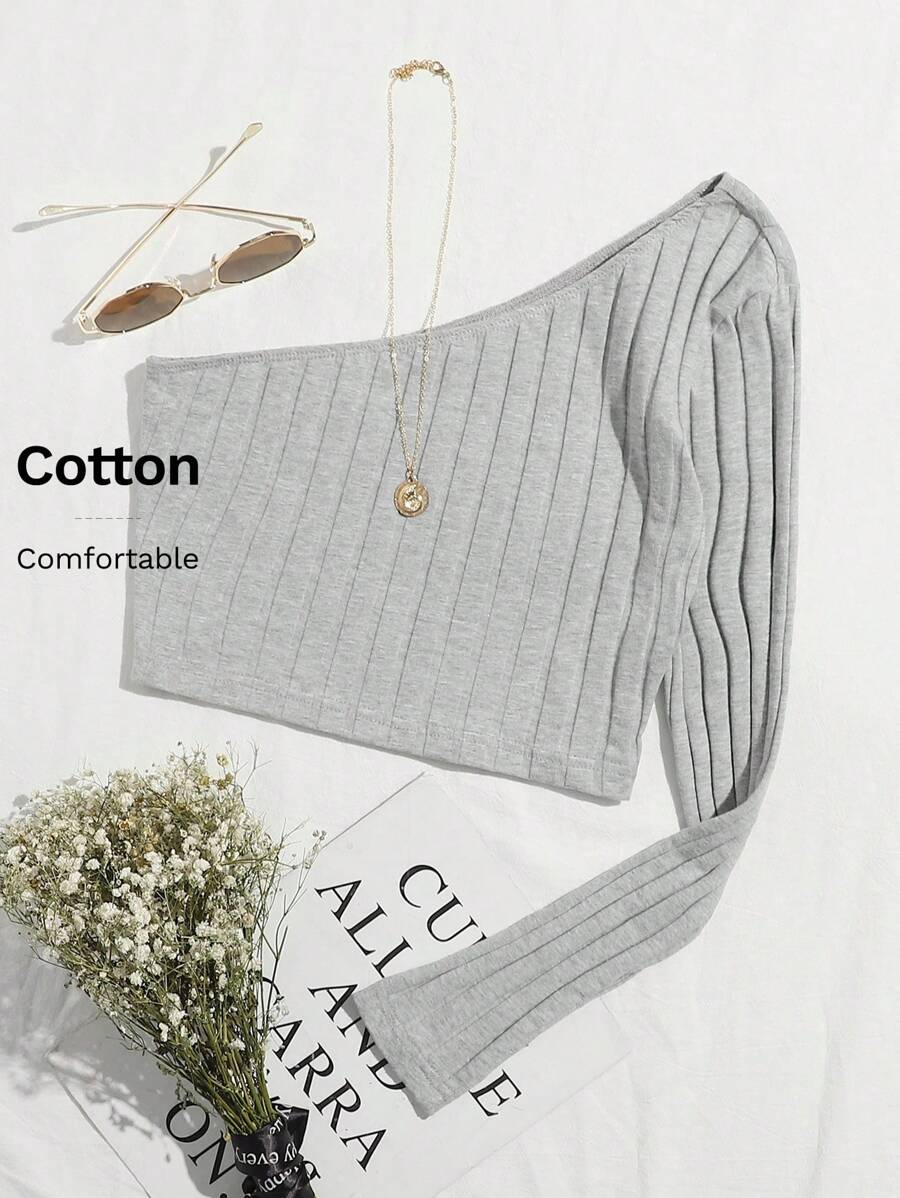 SHEIN EZwear One Shoulder Rib-knit Crop Top - Light Grey - View 1