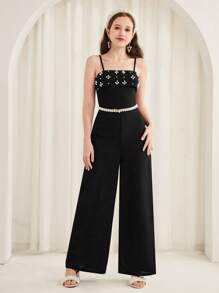 SHEIN Leap Crew 少女优雅黑色奢华珍珠宽腿连体裤，春夏秋冬，连体裤，户外，感恩节，返校节，万圣节，圣诞节 - 黑色 - 查看 4