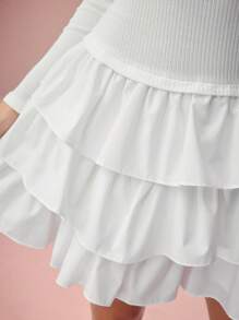 Enchnt Women's Off Shoulder Long Sleeve Ruffle Hem Solid Color Fashion Dress - White - View 3