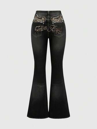 J-Fashion Y2K Leopard Wing Print Retro Feel Flare Jeans