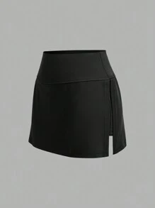 SHEIN EZwear 2 chiếc/Bộ quần short váy dệt kim màu đen và đỏ - Đỏ - Xem 5