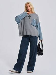 CasuGlow Casual Streetwear Grey Sweatshirt With Denim Patchwork Sleeves And Pocket Detail Everyday Night Out Autumn - Grey - View 6