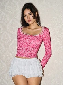 SHEIN EZwear Pink Valentine's Day Ribbon Long Sleeve Top - Pink - View 5