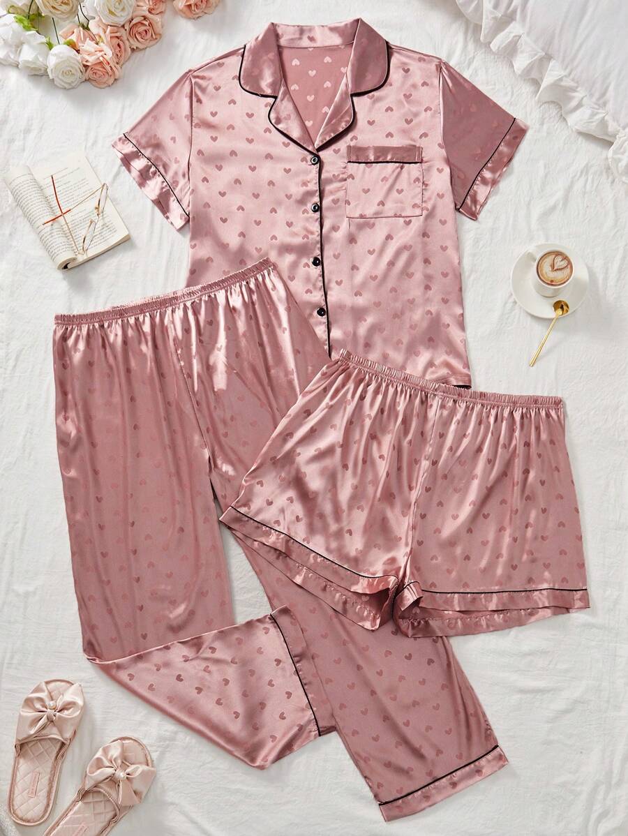 LuxeNights Plus Size Women 3-Piece Sleepwear Set: Heart Pattern Jacquard Short Sleeve Top, Shorts & Pants