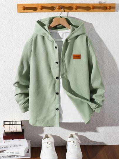 SHEIN Tween Boy 休闲灯芯绒贴花连帽衫宽松梭织衬衫