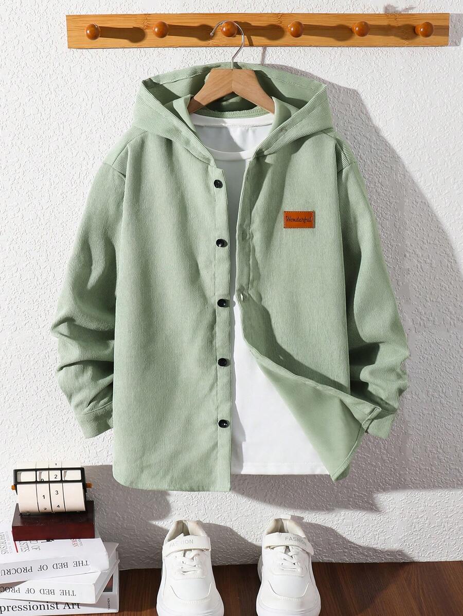 SHEIN Hoodie Kasual Corduroy dengan Tambalan untuk Anak Laki-Laki Remaja, Kemeja Tenun Ukuran Besar - Mint Green - View 1