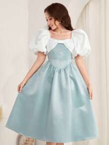 SHEIN 少女蓝白拼色泡泡袖蝴蝶结前缎面正式派对婚纱，春夏