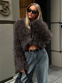 Aloruh Women's Fashionable Sexy Short Faux Fur Coat, Autumn/Winter New Arrival - Brown - View 2