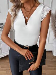 Breezaya 女士 V 领无袖纯色 T 恤，简约休闲日常穿着 - 白色 - 查看 1