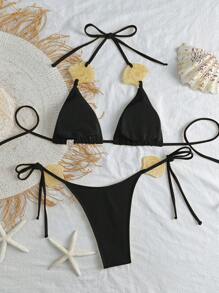 Swim SXY Conjunto de bikini de 2 piezas para mujer con parte superior de halter de unicolor, ondulado, y triángulo con gran detalle de concha - Negro - Ver 5