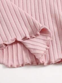 SHEIN EZwear Solid Lettuce Trim Rib-knit Tee - Dusty Pink - View 3