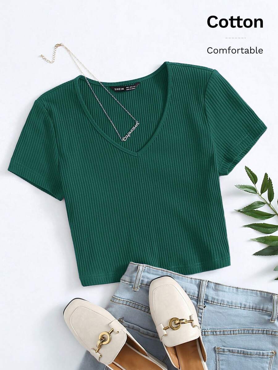 SHEIN EZwear 夏季V领罗纹针织短袖修身上衣 - 墨綠色 - 查看 1